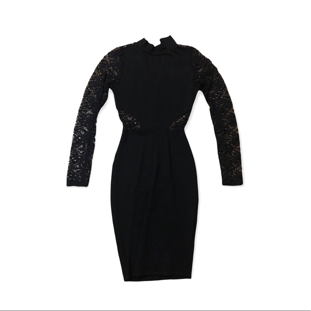 black bodycon dress with lace pattern sleeves